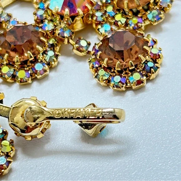 Kramer, Stunning Vintage Amber AB Rhinestone Necklace & Earrings Set, Clips
